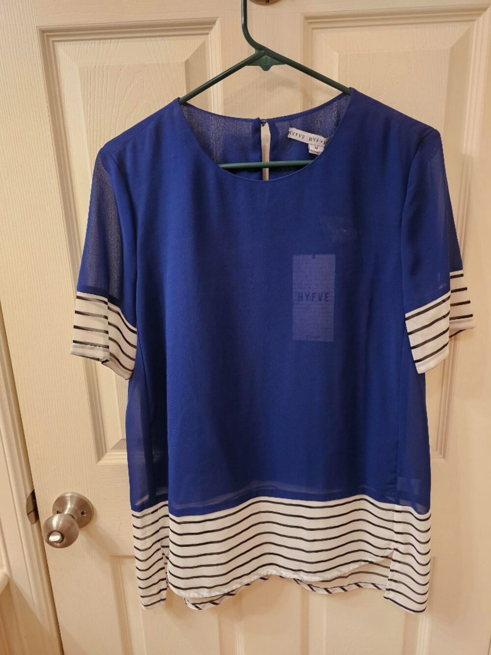 NWT HYFVE Medium Cobalt Blue Sheer Blouse w / Stripes